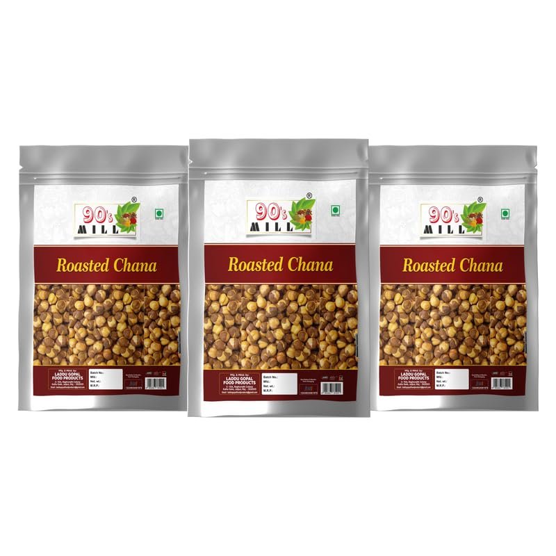 90's MILL Authentic Roasted Plain Un Salted Chana Bhuna Bengal Gram Chickpeas | Indian Vegan and Healthy Snack Food Enjoy with Chai, Green Tea, Coffee High Protein Food Snack-280g*3Pack