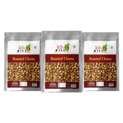 90's MILL Authentic Roasted Plain Un Salted Chana Bhuna Bengal Gram Chickpeas | Indian Vegan and Healthy Snack Food Enjoy with Chai, Green Tea, Coffee High Protein Food Snack-250 * 3Pack