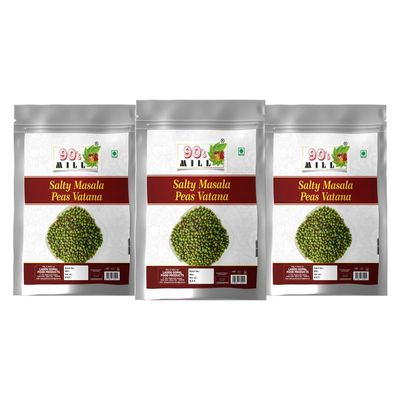 90's MILL Organic DIET Bhuna Hara Matar Green Salty Masala Peas Vatana Chakhna Namkeen Snacks | Sing Hara Matar Green Salty Masala Peas Watana | Green Matar Roasted Spicy Peas-250 * 3Pack
