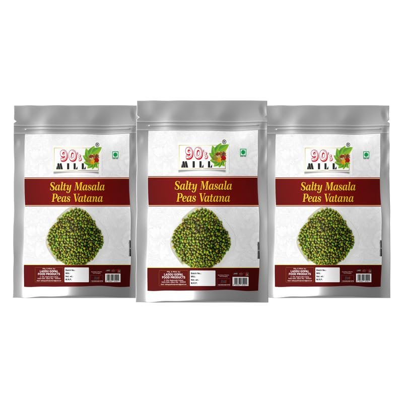 90's MILL Organic DIET Bhuna Hara Matar Green Salty Masala Peas Vatana Chakhna Namkeen Snacks | Sing Hara Matar Green Salty Masala Peas Watana | Green Matar Roasted Spicy Peas-250 * 3Pack