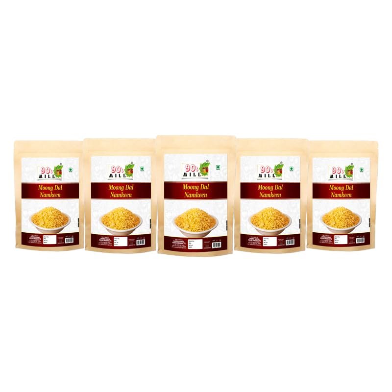 90's MILL Moong Dal Snacks Namkeen Salty Mung Snacks Tea Time Snacks | Plain Moong Mung Dal Namkeen Snack | Bachcho Ka Favourite Healthy Snack | Made with Healthy Ground Nut Oil-900g*5Pack
