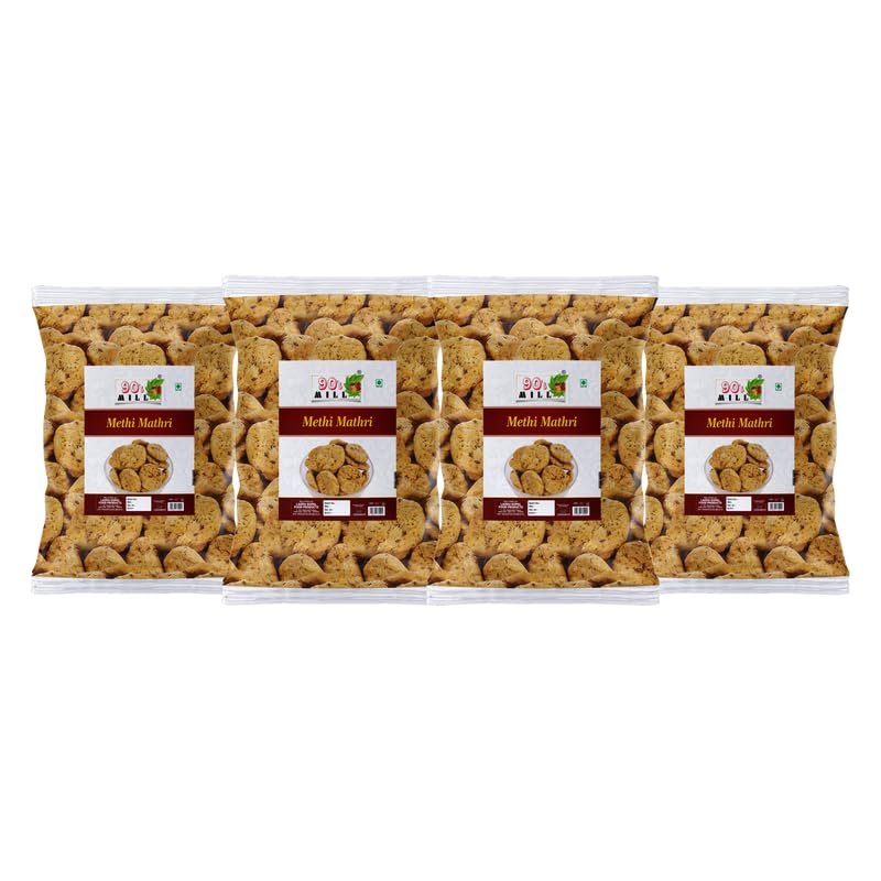 90's MILL Whole Wheat Ajwain Methi Mathris Wheat Mathri | Ready to Eat Evening Tea Time Snacks | Healthy | Crispy Indian Namkeen Sweet Snacks | Made In Healthy Ground Peanut Oil-850g*4Pack