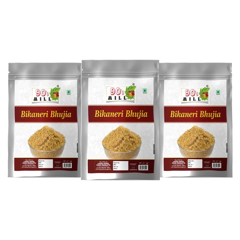 90's MILL Bikaner Wali Bhujia Bikaneri Bhujia Sev Suitable for Vegans | Crispy & Crunchy Traditional Namkeen | Mildly Spiced & Flavorful | Made with All Natural Ingredients-280g*3Pack