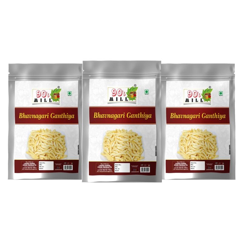90's MILL Saurashtra Farsaan Bhavnagri Gathiya Namkin Namken Fried Gram Flour Sticks, Carom Seeds||BHAVNAGRI GATHIYA||Fried in Healthy Groundnut Oil | Ganthiya Namkeen-280g*3Pack