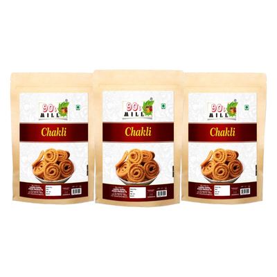 90's MILL Bhajani Chakli Chakoli Murukku | Homemade Indian Chakoli Namkeen Snacks | Indian Snacks | Chakli | Masala Chakli | Chakoli | Butter Chakri Ready to Eat Snacks Murukku-1Kg*3Pack
