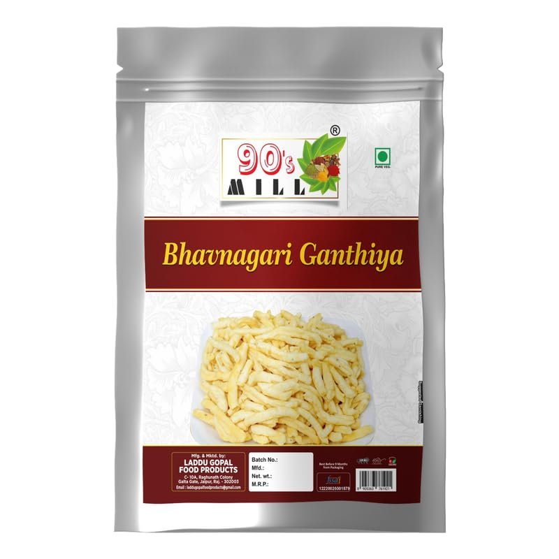 90's MILL Ancient Gurjarabhumi Bhavnagar Gathiya Namkeen Snack Made in Healthy Groundnut Oil||Teatime Non-Spicy Ganthiya Namkeen Nashta||All Age Groups Favourite Savoury Snack-250 * 1Pack