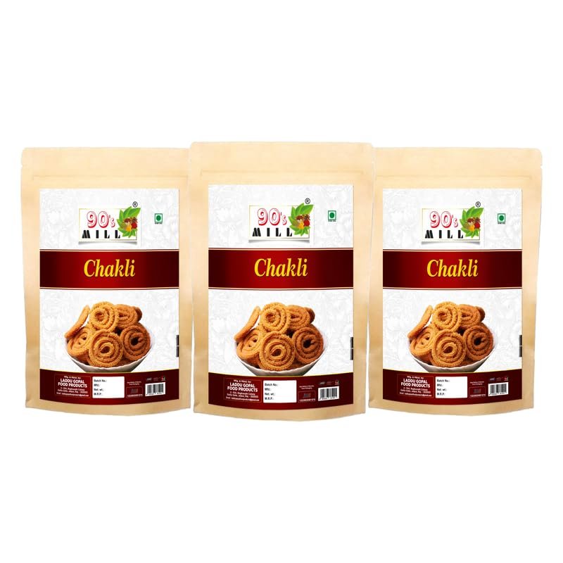90's MILL Bhajani Chakli Chakoli Murukku | Homemade Indian Chakoli Namkeen Snacks | Indian Snacks | Chakli | Masala Chakli | Chakoli | Butter Chakri Ready to Eat Snacks Murukku-850g*3Pack