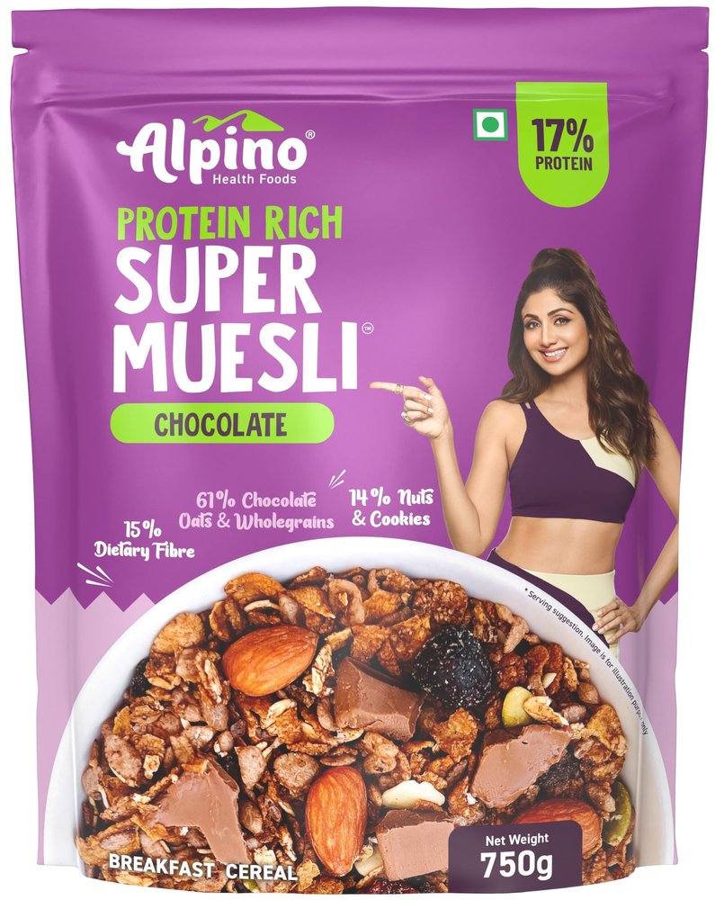 ALPINO Protein-Rich Super Muesli Chocolate 750g  61% Whole Grains, 14% Nuts & Cookies - 17% Protein, Source of Dietary Fibre & Healthy Fats