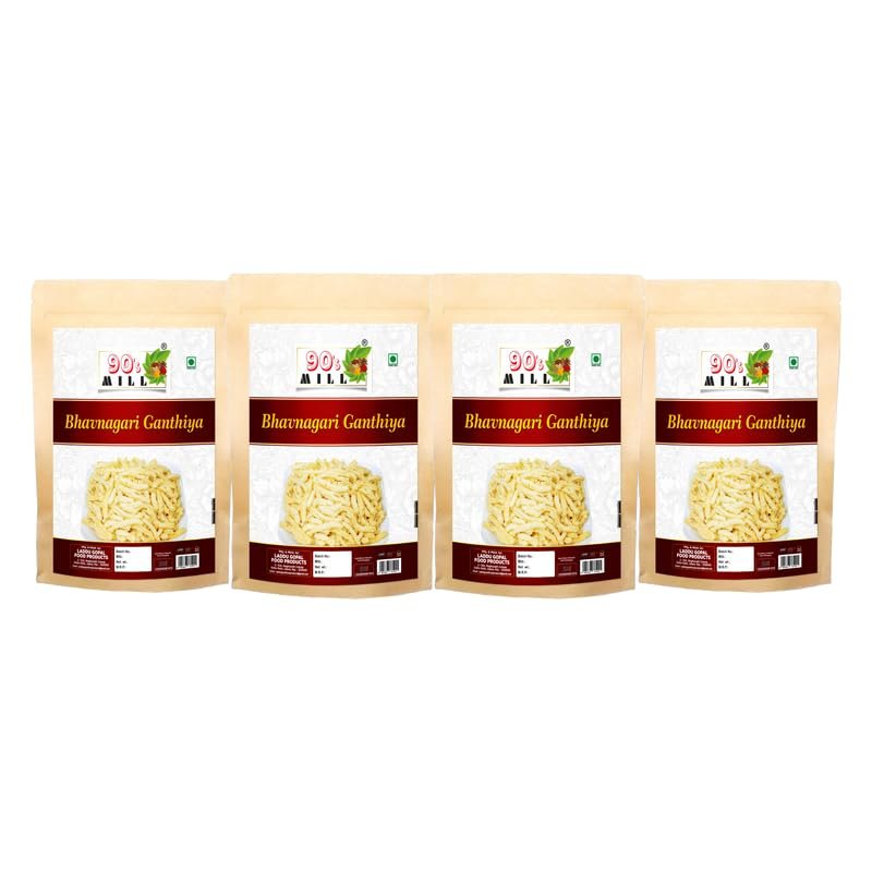 90's MILL Bhavnagari Gathiya Namkeen for Foodie Indians | Gujarati Ganthiya Snacks | Chai-Coffee Teatime Non-Spicy Nashta | Lite Snack For All Age Groups | Bachcho Ka Favourite Savoury Snack-1Kg*4Pack