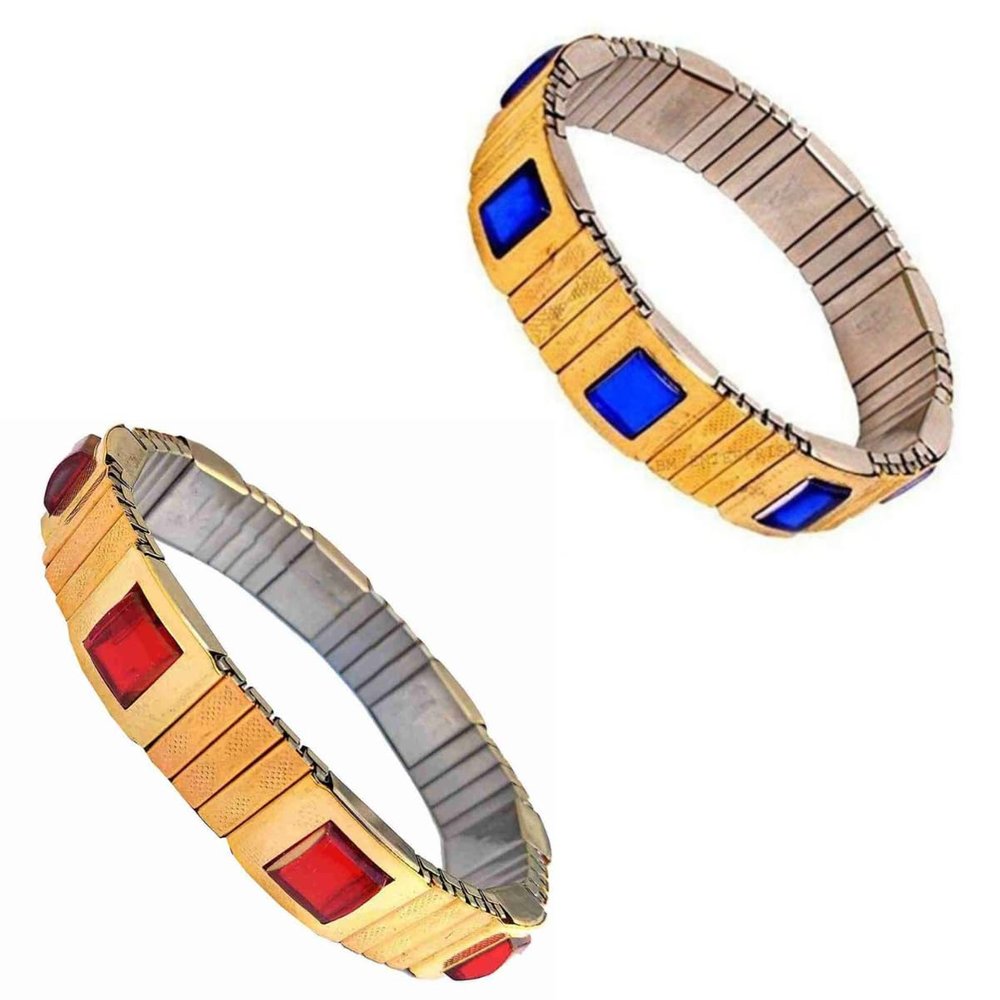 Blood Pressure Metal Chain Stretchable Bracelet Pack Of 2 For Men & Women 6 High Power Magnet Maintain Blood Circulation Weight Loss Pain Relief BP Moniter Red & Blue Stone