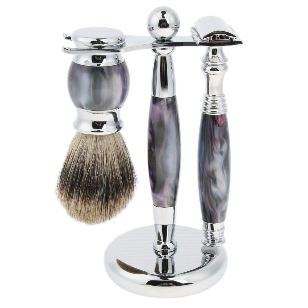 JAZZY PEARLS Men Shaving Brush Double Edge Razor Metal Stand Holder Blades Set Purple