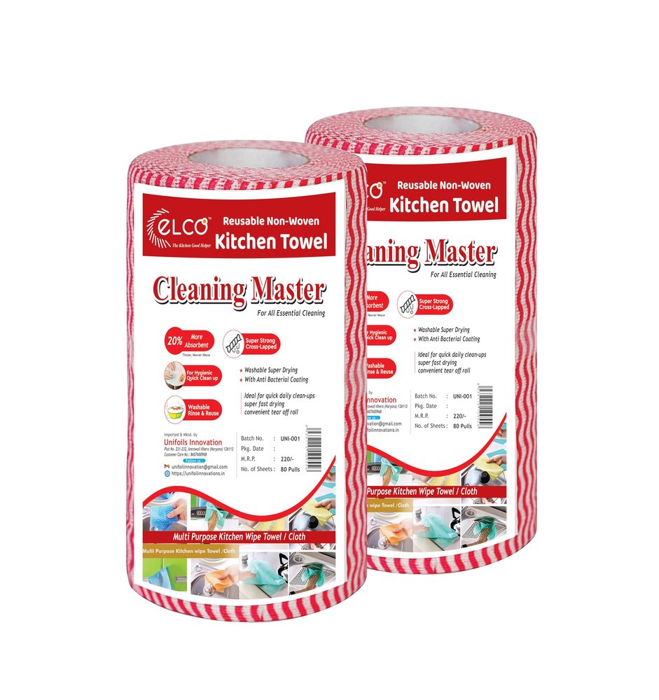 ELCO Non-Woven Roll Kitchen Tissue roll Cleaning Wipes Washable & Reusable Quick Dry Non-Woven Dish Towels for Home & Kitchen Cleansing Super Absorbent Soft & Hygienic80 Pulls each Roll (Pack of 2)