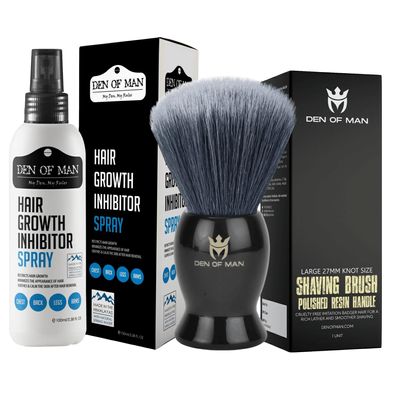 Den of Man Ultra Soft imitaion Badger Hair Shaving Bursh & Inhibitor Spray For Minimizes Hair Regrowth For Men & Women Combo