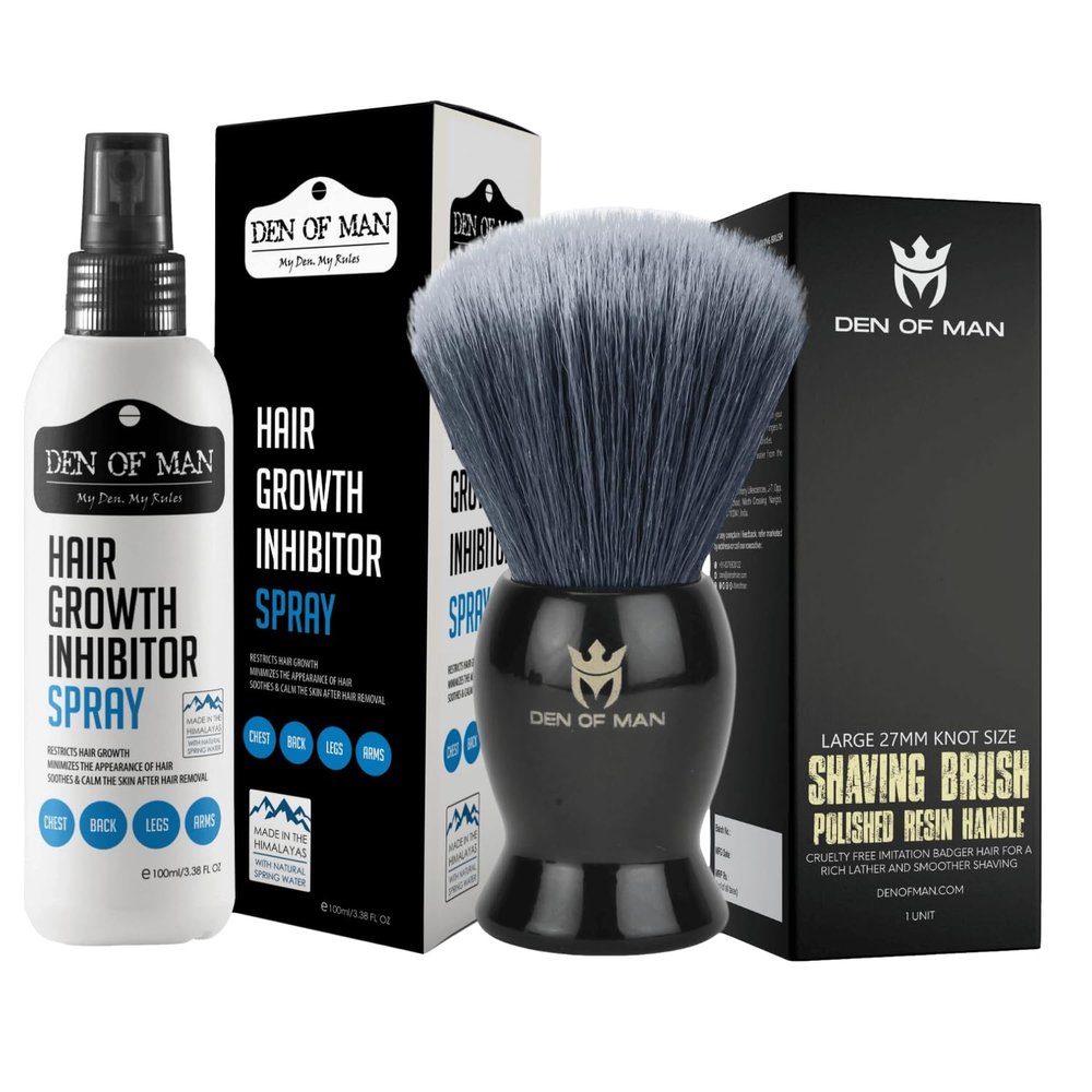 Den of Man Ultra Soft imitaion Badger Hair Shaving Bursh & Inhibitor Spray For Minimizes Hair Regrowth For Men & Women Combo