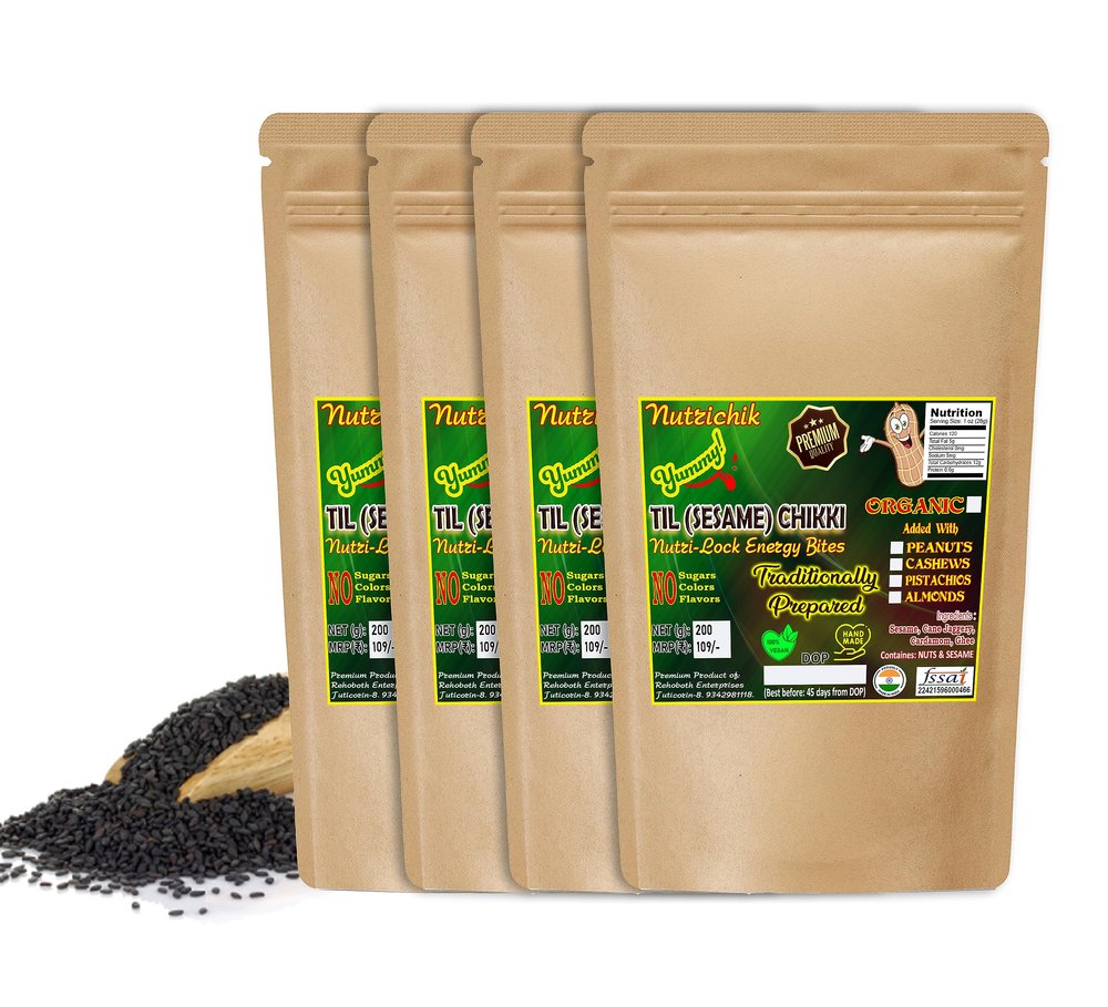 Sesame Chikki - Nutrichik - Kovilpatti Til Chikki - Sesame Candy - Ellu Mittai - Til Ki Chikki 200gm (Plain, 4 Packs)