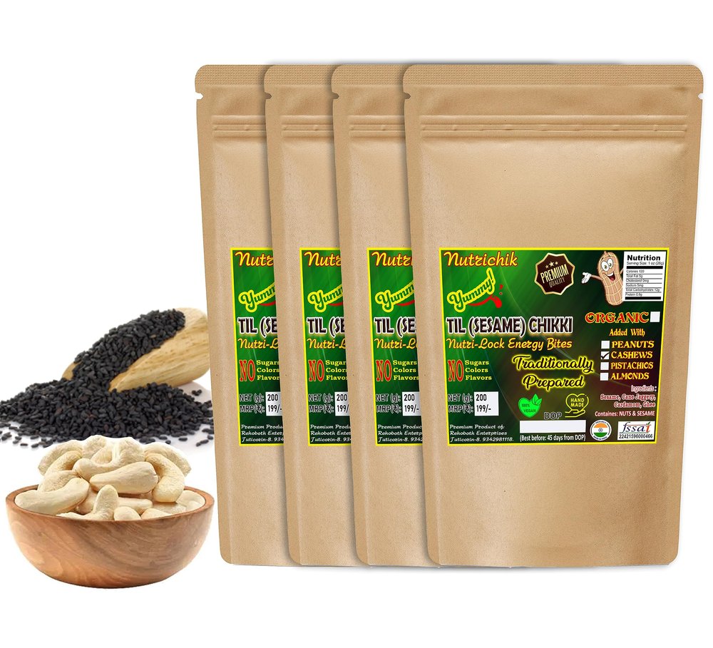 Sesame Chikki - Nutrichik - Kovilpatti Til Chikki - Sesame Candy - Ellu Mittai - Til Ki Chikki 200gm (With Cashews, 4 Packs)