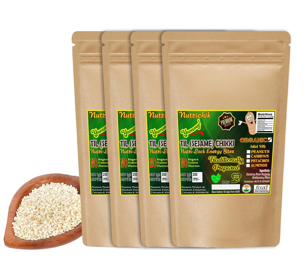 Sesame Chikki - Nutrichik - Kovilpatti Til Chikki - Sesame Candy - Ellu Mittai - Til Ki Chikki 200gm (Organic, 4 Packs)