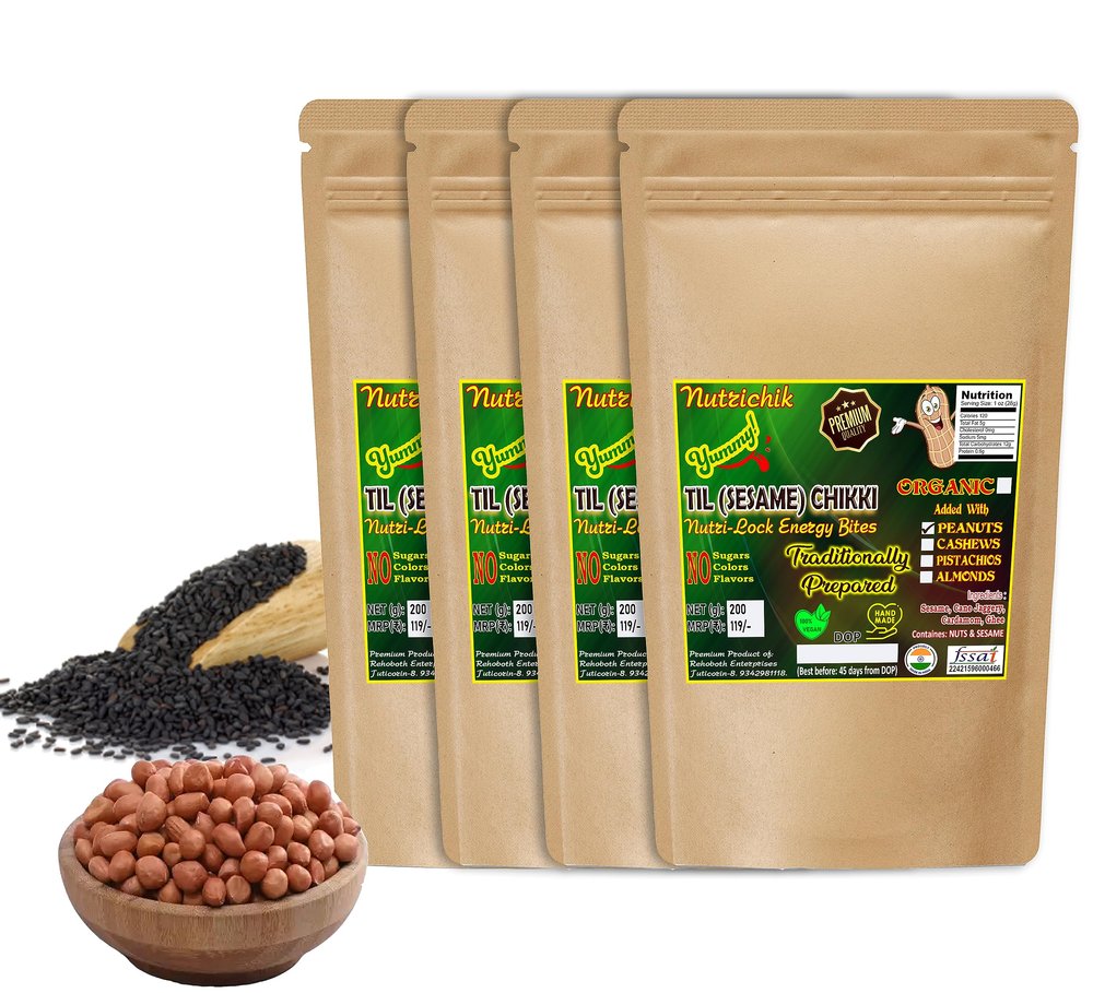 Sesame Chikki - Nutrichik - Kovilpatti Til Chikki - Sesame Candy - Ellu Mittai - Til Ki Chikki 200gm (With Peanuts, 4 Packs)