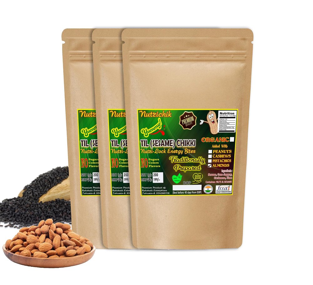 Sesame Chikki - Nutrichik - Kovilpatti Til Chikki - Sesame Candy - Ellu Mittai - Til Ki Chikki 200gm (With Almonds, 3 Packs)