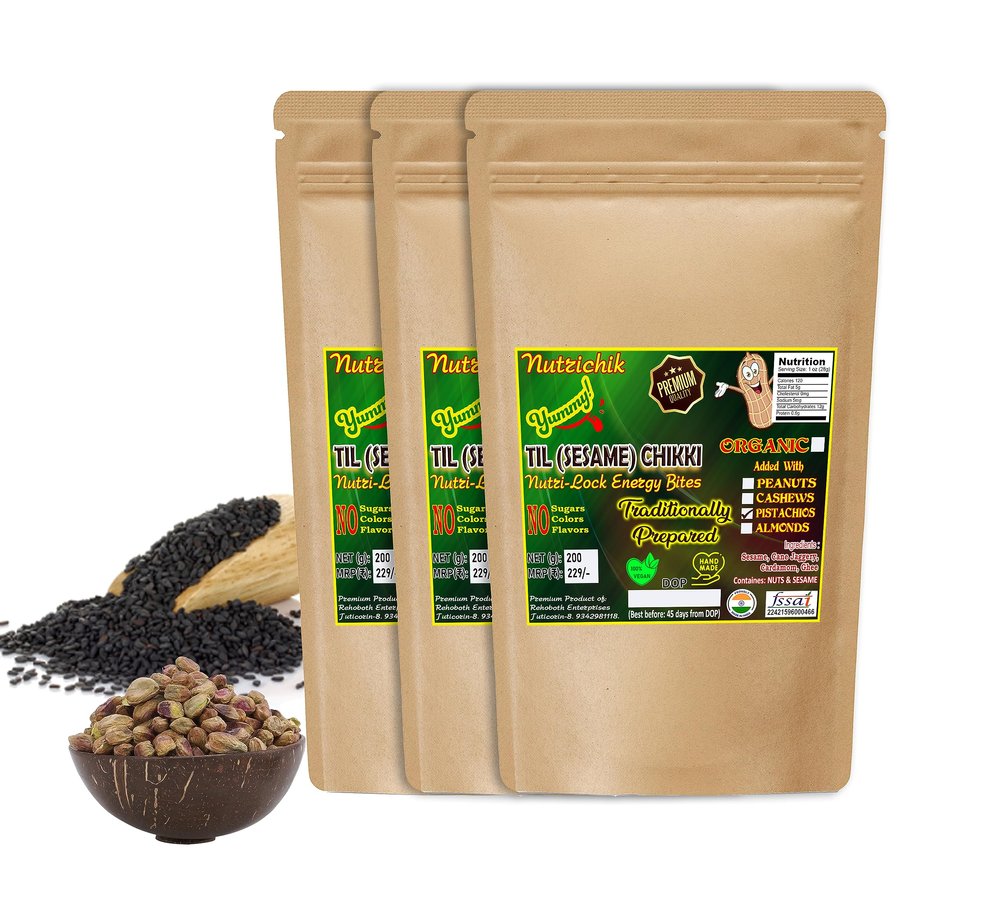 Sesame Chikki - Nutrichik - Kovilpatti Til Chikki - Sesame Candy - Ellu Mittai - Til Ki Chikki 200gm (With Pistachios, 3 Packs)