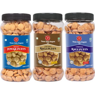 360 Three Sixty Degree Slow Roasted Masala Jowar + Chutney & Chipotle Ragi Puffs Combo 3Jars x 80grams = 240Grams|High Protein|Namkeen|Maida Free|