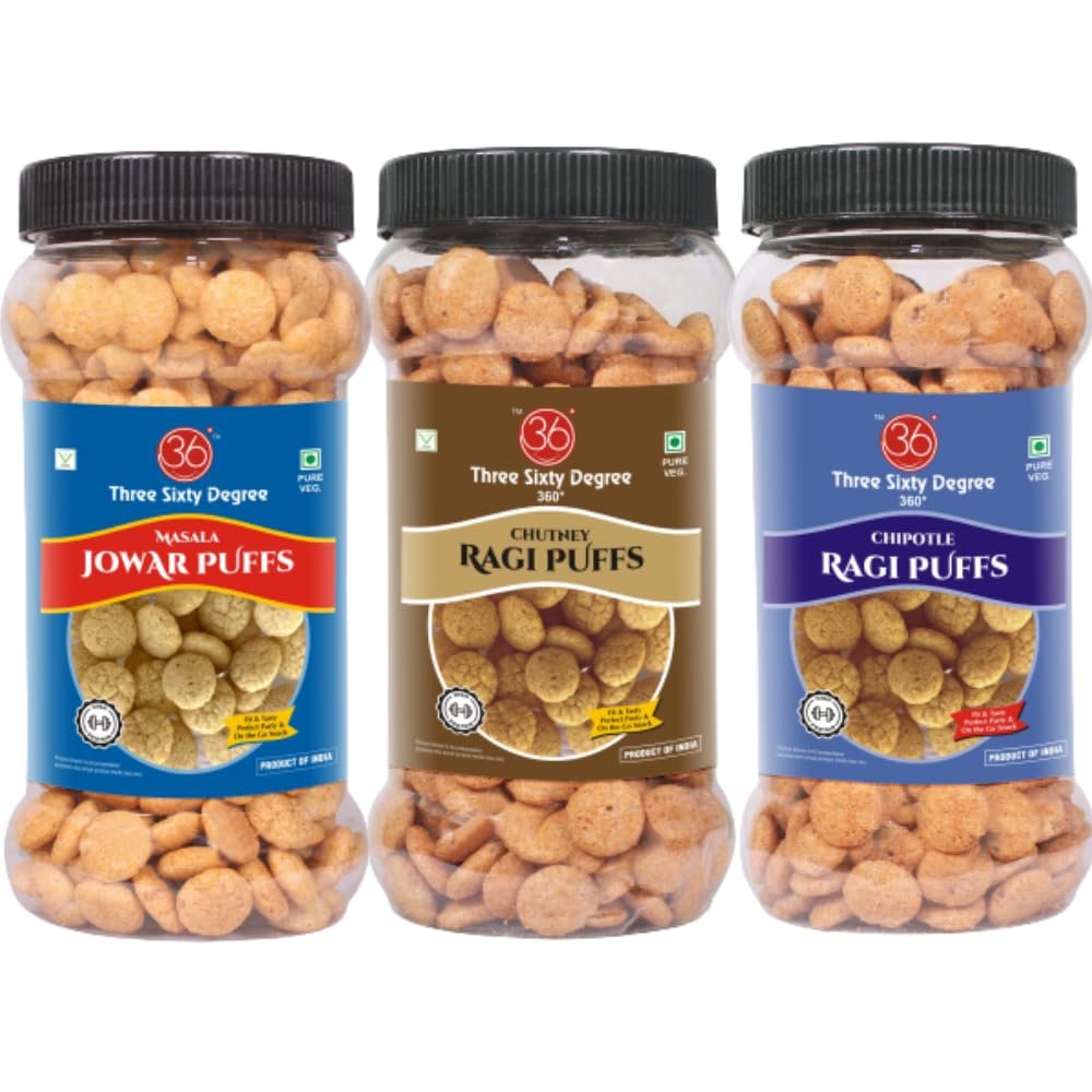 360 Three Sixty Degree Slow Roasted Masala Jowar + Chutney & Chipotle Ragi Puffs Combo 3Jars x 80grams = 240Grams|High Protein|Namkeen|Maida Free|