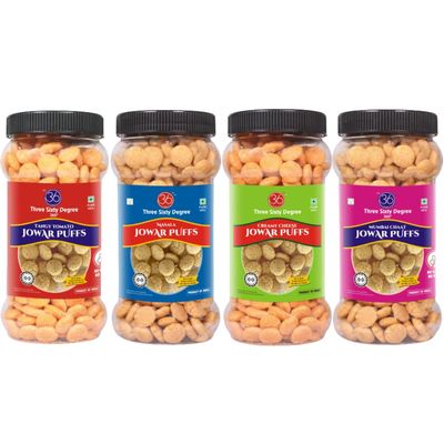 360 Jowar Puffs Slow Roasted Masala, Tangy Tomato, Mumbai Chaat and Creamy Cheese | High Protein | Namkeen | Maida Free | Baked Not Fried | Combo 4 Jars x 80grams = 320 Grams