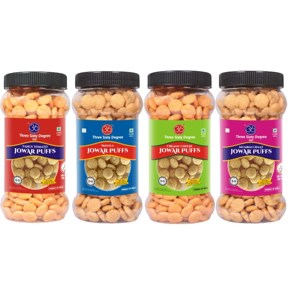 360 Jowar Puffs Slow Roasted Masala, Tangy Tomato, Mumbai Chaat and Creamy Cheese | High Protein | Namkeen | Maida Free | Baked Not Fried | Combo 4 Jars x 80grams = 320 Grams
