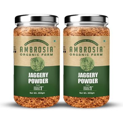 Ambrosia Organic Farm Jaggery Powder: Embrace Pure Sweetness and Enhanced Wellbeing -Gud Everyday Use Natural, Nutrient-rich, and the Ultimate Healthy Choice| Must Have Grocery Item. 350g (Pack of 2)