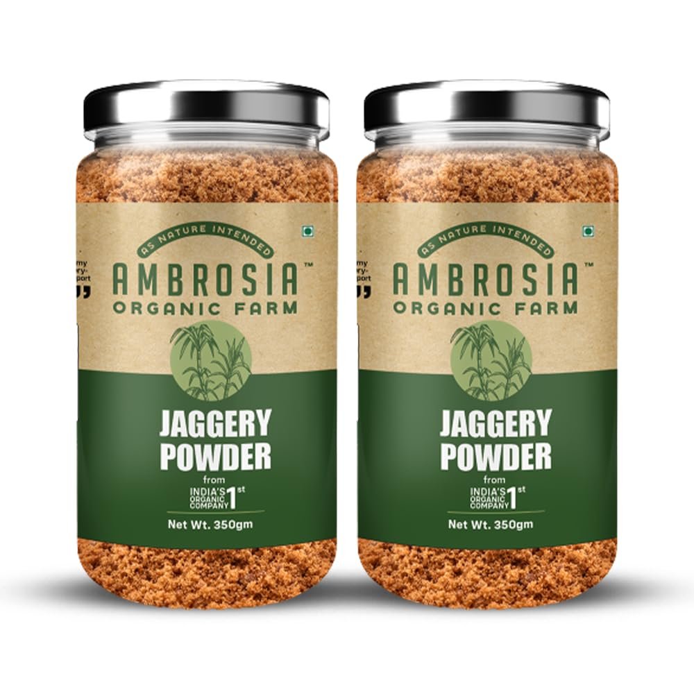 Ambrosia Organic Farm Jaggery Powder: Embrace Pure Sweetness and Enhanced Wellbeing -Gud Everyday Use Natural, Nutrient-rich, and the Ultimate Healthy Choice| Must Have Grocery Item. 350g (Pack of 2)