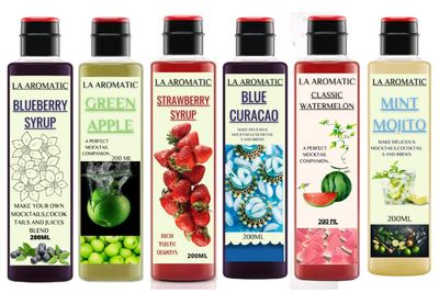 La Aromatic Mocktail Syrup Combo of 6 Flavours (Mint Mojito,Green Apple,Strawberry,Blueberry,Watermelon,Blue Curacao)-200ml Each