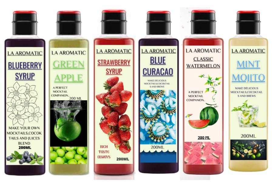 La Aromatic Mocktail Syrup Combo of 6 Flavours (Mint Mojito,Green Apple,Strawberry,Blueberry,Watermelon,Blue Curacao)-200ml Each