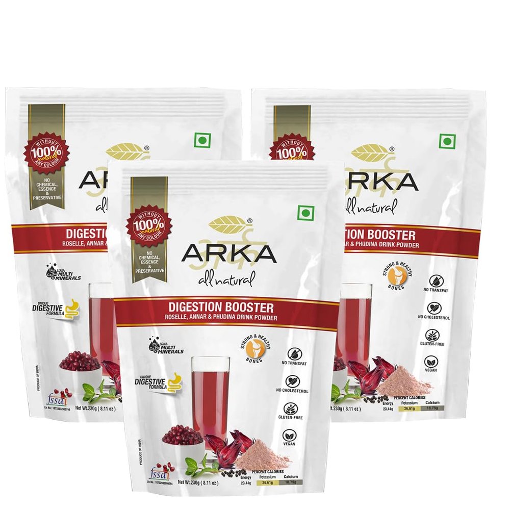 Arka All Natural 3 Pk Digestion Booster Healthy Energy Drink Health & Nutrition Powder Instant Caffeine Free Powered Drink Mix - 215g Each