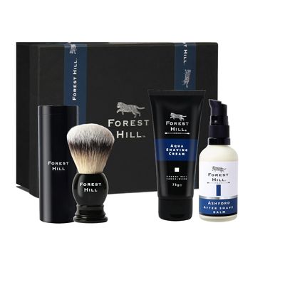 Forest Hill Men Grooming Diwali Gift Set, Pack of 3 Luxury Shaving Kit, Post Shave Balm 100ml, Aqua Shaving Cream 75g and Easy Grip Soft Hair Black Shaving Brush With Holder, Ideal For Personal and Professional Salon