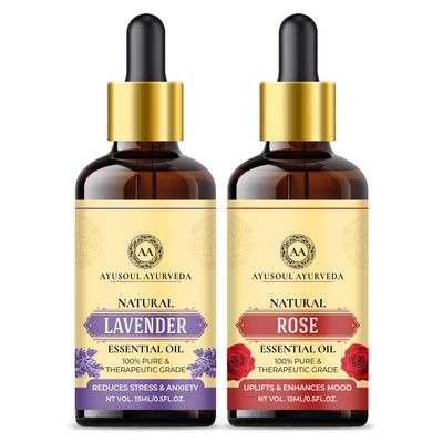 Ayusoul Ayurveda Pure and Natural Rose & Lavender Essential Oil - For Hair Growth, Skin Care, Aromatherapy | Reduces Acne & Blemishes, Soothes, Nourishes Hair | Suitable for Women & Men - 2x15ml