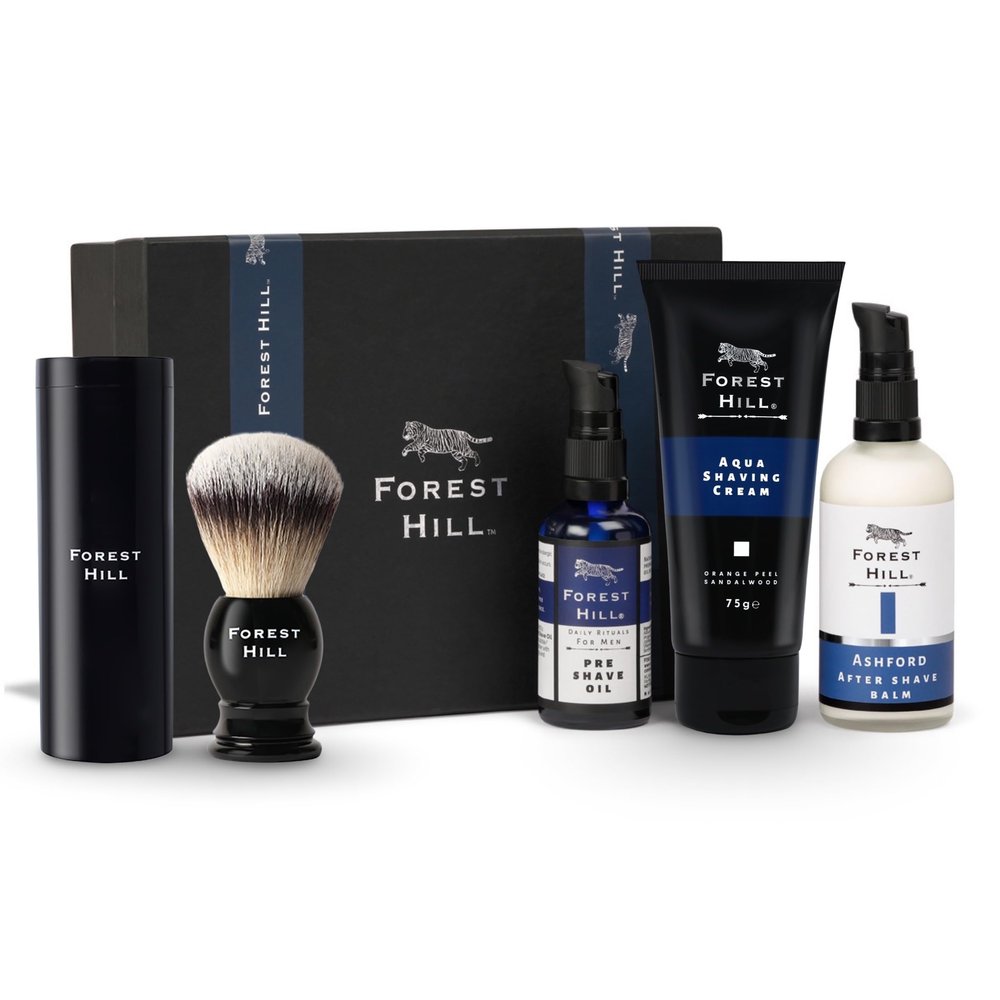 Forest Hill Men Grooming Gift Set, Pack of 4 Luxury Shaving Kit, Before Shave Oil 50ml, Aqua Shaving Cream 75g, Ashford Post Shave Balm 100ml & Easy Grip Soft Hair Shaving Brush, Ideal For Personal & Professional Salon