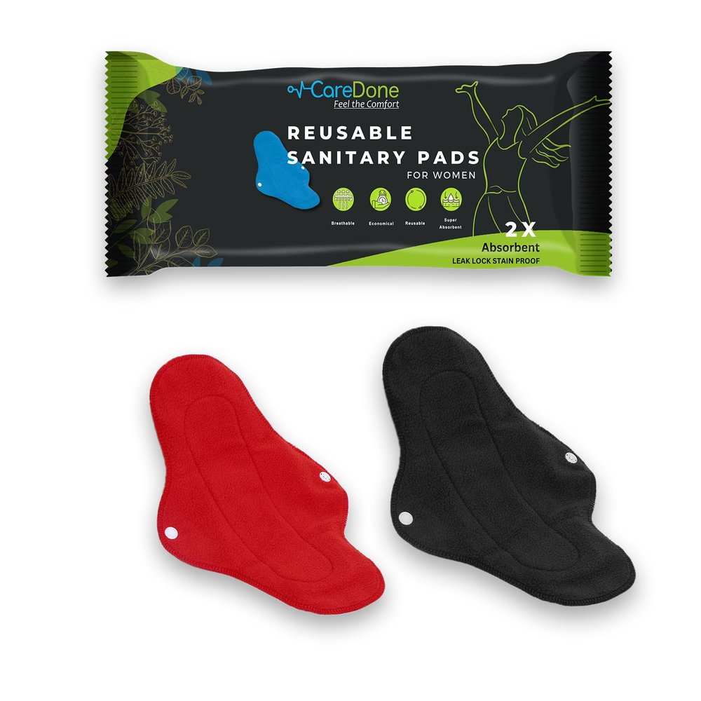 CareDone Reusable Cloth Period Pads For Heavy Flow Leakproof Overnight Protects,Large Sanitary Pads Set With Wings For Women,Washable Cloth Panty Liners Period Pads (Red/Black Pad2)