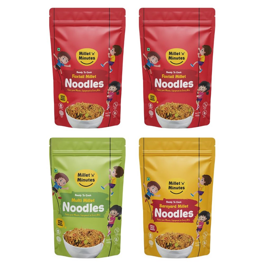 Millet 'n' Minutes Foxtail Millet Noodles | Multi Millet Noodles | Barnyard Millet Noodles | No Maida| No preservatives| Easy and quick to make |192g each | Pack of 4