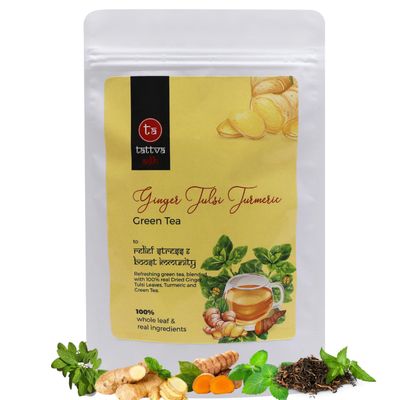 Tattva Adih Ginger Tulsi Turmeric Green Tea | For Immunity Boosting, Digestion and Sore Throat | 100% Whole Leaf green Tea (100 grams (Ziplock Pouch))
