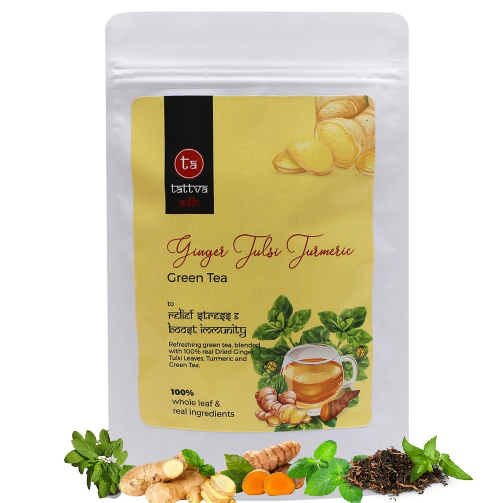 Tattva Adih Ginger Tulsi Turmeric Green Tea | For Immunity Boosting, Digestion and Sore Throat | 100% Whole Leaf green Tea (100 grams (Ziplock Pouch))
