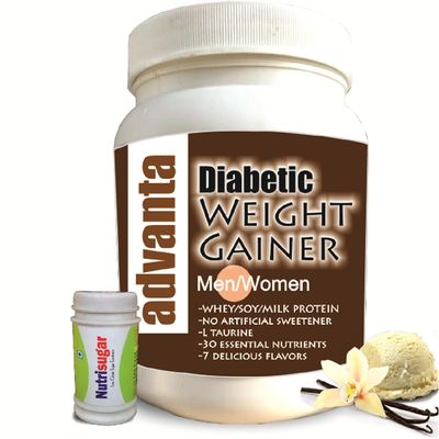 Advanta Sugar Free Weight Gainer Protein for Diabetics 1 kg (Vanilla) + Nutrisugar 75 gm Powder