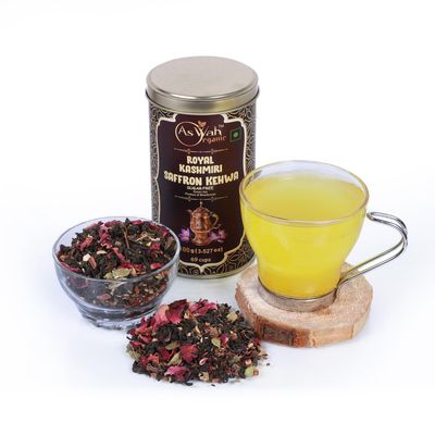 AsWah Organic 100 gram Sugar free kashmiri kahwa |100% Natural Desi Detox Kahwa with Kashmiri Saffron,Cardamom, Rose Petals, Indian Spices | Kashmiri Shahi Kahwa Sugar Free (Pack of 4)
