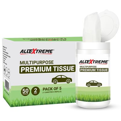 AllExtreme Car Tissues Pack of 5 (50 Pulls, 2 Ply250 Pulls) Multipurpose Tissue Cup Holder Box Portable Napkin Case- Perfect for Travel & Daily Use (1 Canister of 50 pulls + 4 Refills)