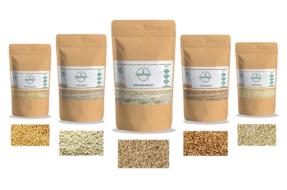 Aranyaka Millets Grain Unpolished 1Kg Combo Pack of 5 [Little, Foxtail, Kodo, Barnyard, and Proso Millet]| Natural Farm Produce | High Protein & Fiber | Low GI -Diabetic Friendly (5Kg in Total)