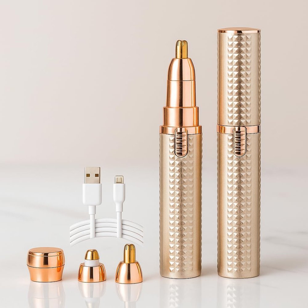 Eyebrow Trimmer for Women 3 in 1 Rechargeable Facial Hair Remover with Replaceable Heads, Professional Painless Personal Hair Removal Eyebrow Razor with Indicator Lights (GOLD)
