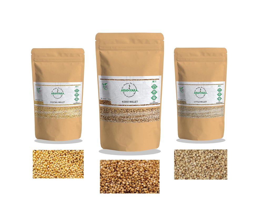Aranyaka Millets Grain 500g Unpolished RAW Combo Pack of 3 [Kodo, Foxtail & Little Millet]| RAW, Natural Farm Produce, Gluten free, High Protein & Fibre Rich| Low GI -Diabetic Friendly (1.50 Kg in Total)