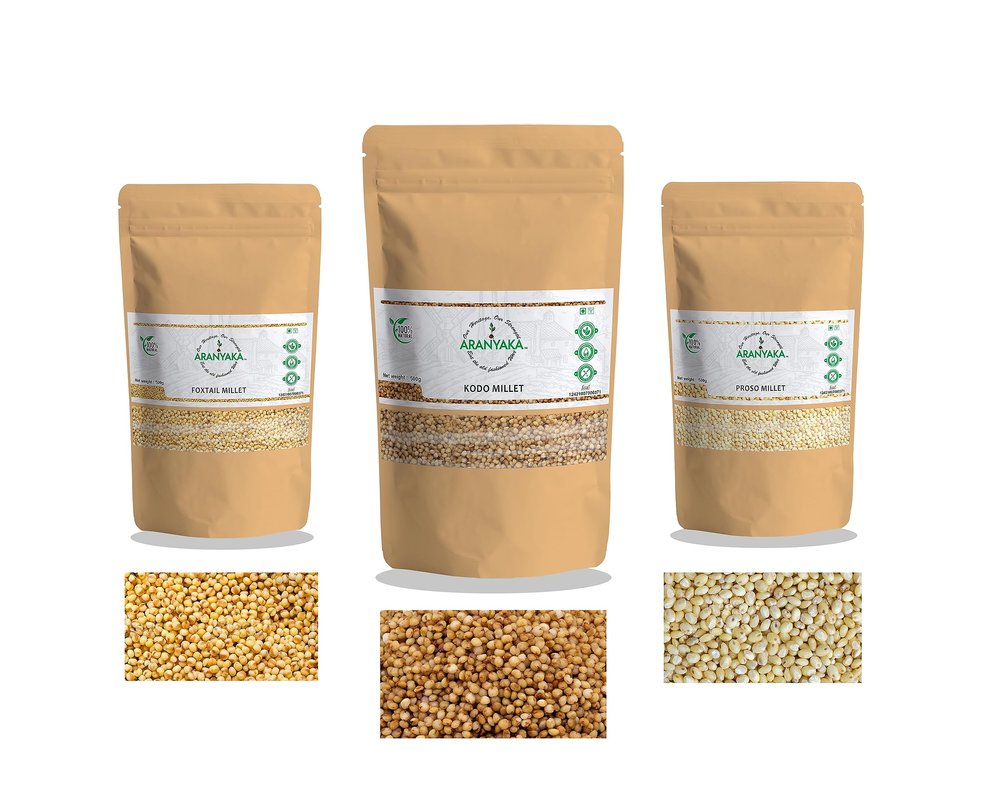 Aranyaka Millets Grain 500g Unpolished Combo Pack of 3 [Kodo, Foxtail & Proso Millet]| Natural Farm Produce, Gluten free, High Protein & Fibre Rich| Low GI -Diabetic Friendly (1.50 Kg in Total)