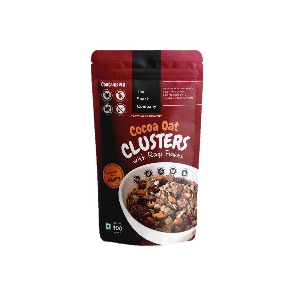 The Snack Company Breakfast Cereal - Cocoa Oat Clusters Ragi Flakes 400 Gm, Healthy Breakfast Cerelas, Muesli, Sweetened, 52% Millet - Ragi Flakes, 29% Oats & Other Grains, 7% Nuts, Seeds & Fruits