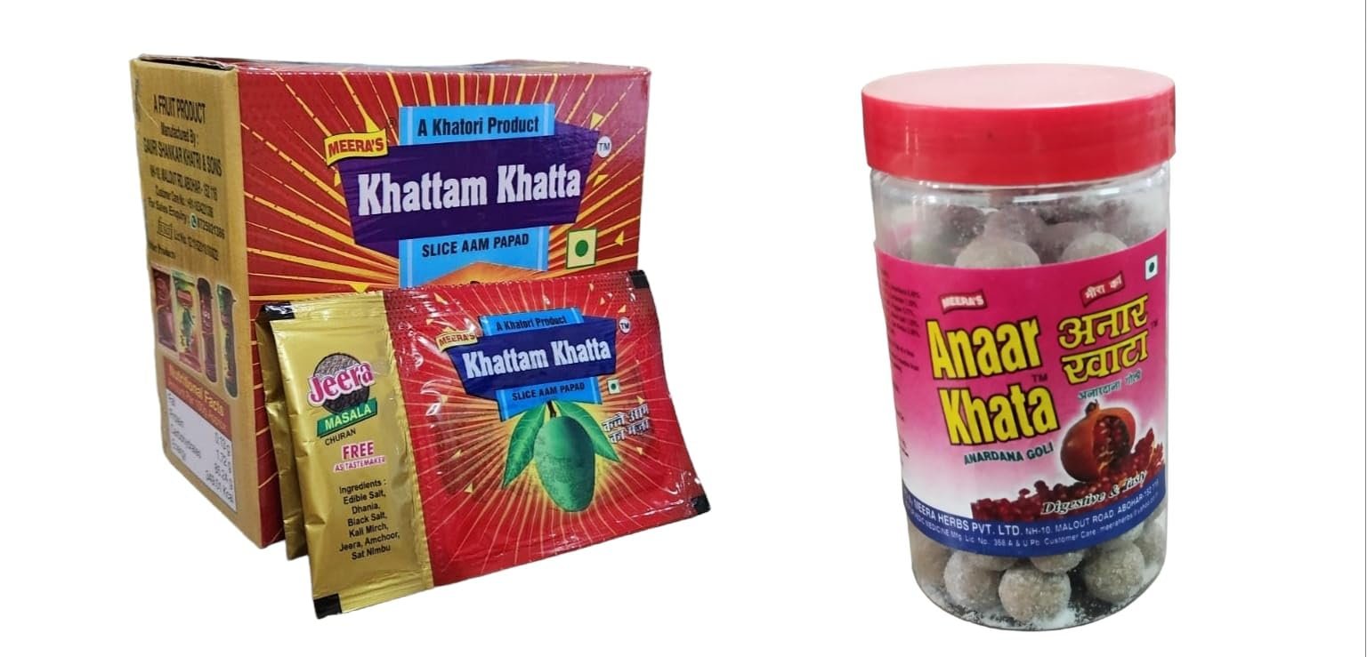MEERA'S KHATTAM KHATTA SLICE AAMPAPAD + HERBAL ANARDANA GOLI COMBO MARKETED BY : GAURI SHANKAR KHATRI & SONS