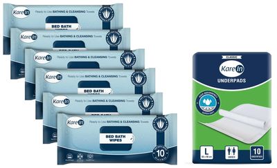 KareIn Bed Bath Wipes, Adult Wet Wipes, 60 Wipes, Pack of 6 & KareIn Classic Underpads, Large, 60 x 90 Cm, Superior Absorbency, Leak Proof, Pack of 1, 10 Count COMBO